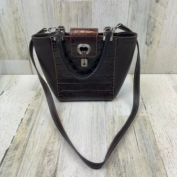 Brighton brown leather croc print shoulder bag with silver tone hardware - Picture 4 of 12